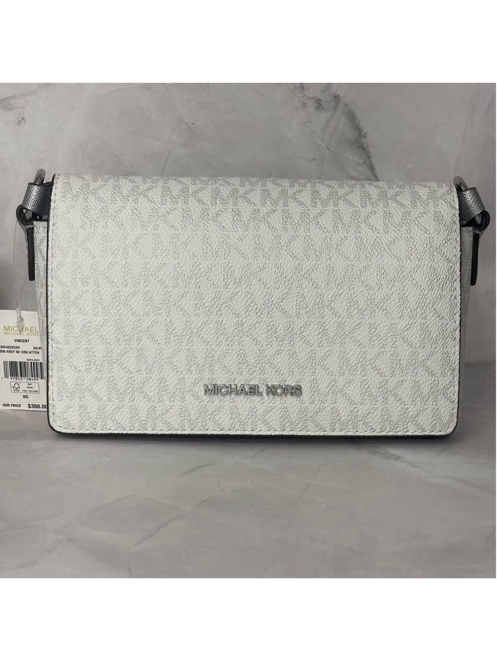 Michael Kors Vincent Crossbody MK Signature Logo + Card Case Silver/White - Picture 3 of 12